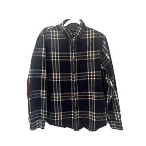 J Crew Flannel Shirt Mens Large‎ Black Check Button Down Elbow Patches Casual